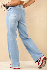 Back view of stretchy high rise soft stretchy jeans for women in light blue