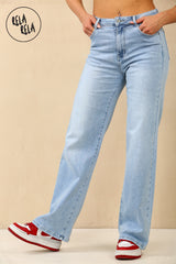 stretchy straight leg jeans with soft fit and flattering high rise in light blue