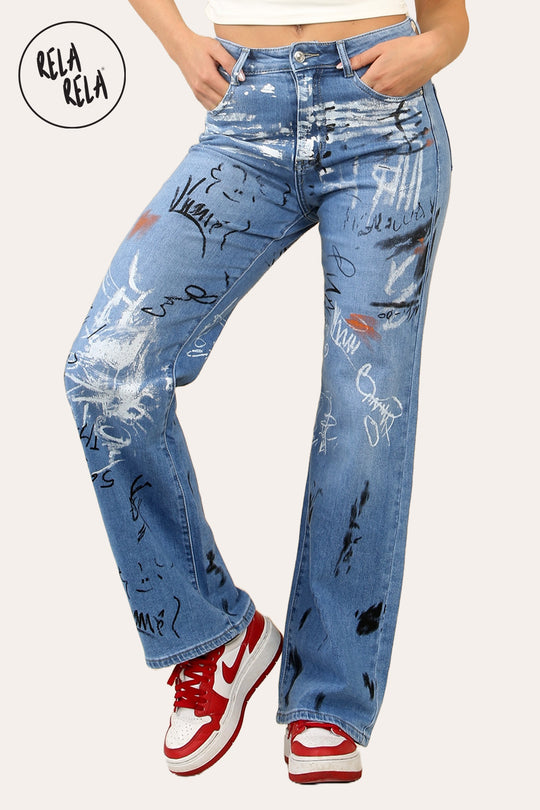 Denim Blue Stretchy Graffiti Design Wide Leg Jeans