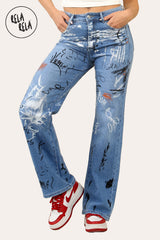 Denim Blue Stretchy Graffiti Design Wide Leg Jeans