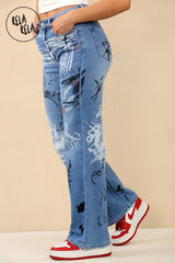 Denim Blue Stretchy Graffiti Design Wide Leg Jeans