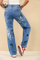 Denim Blue Stretchy Graffiti Design Wide Leg Jeans