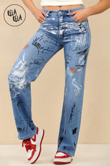 Denim Blue Stretchy Graffiti Design Wide Leg Jeans