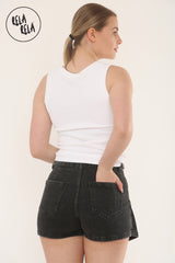 Stretchy Mid Rise Pleated Detail Denim Skorts in Black