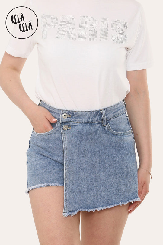 Asymmetric Wrap Stretchy Denim Skorts in Blue