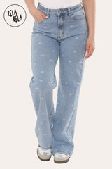 Stretchy Mini Bow Print Mid Rise Dad Fit Jeans
