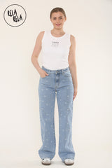 Stretchy Mini Bow Print Mid Rise Dad Fit Jeans