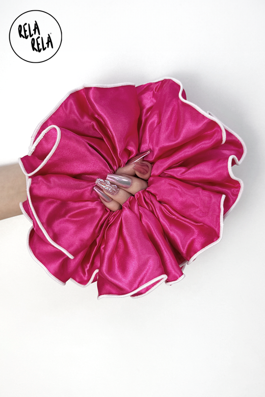 XXL Large Satin Hair Scrunchies with Contrast Stitching in Hot Pink