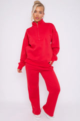 Premium Fleece Lined Half Zip Top & Jogger Co-Ord Tracksuit Set in Red