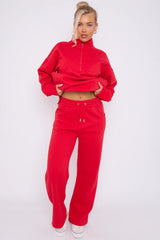 Premium Fleece Lined Half Zip Top & Jogger Co-Ord Tracksuit Set in Red 3