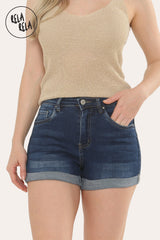 Stretchy Push Up Low Waisted Turn Up Denim Shorts in Indigo