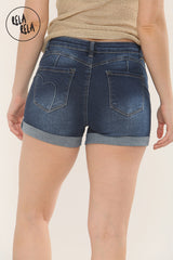 Stretchy Push Up Low Waisted Turn Up Denim Shorts in Indigo