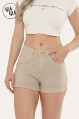 Stretchy Push Up Low Waisted Turn Up Denim Shorts in Beige