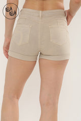 Stretchy Push Up Low Waisted Turn Up Denim Shorts in Beige