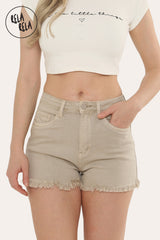 Stretchy Push Up High Waisted Frayed Hem Denim Shorts in Beige