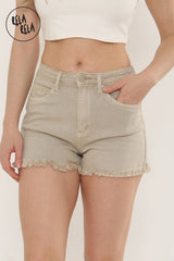 Stretchy Push Up High Waisted Frayed Hem Denim Shorts in Beige