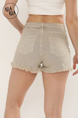Stretchy Push Up High Waisted Frayed Hem Denim Shorts in Beige