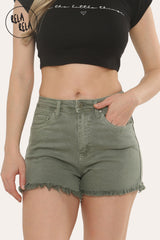 Stretchy Push Up High Waisted Frayed Hem Denim Shorts in Khaki