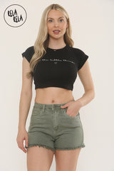 Stretchy Push Up High Waisted Frayed Hem Denim Shorts in Khaki