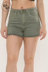 Stretchy Push Up High Waisted Frayed Hem Denim Shorts in Khaki