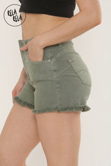 Stretchy Push Up High Waisted Frayed Hem Denim Shorts in Khaki