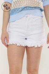 Stretchy Push Up Mid Waisted Frayed Hem Denim Shorts in White