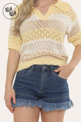 Stretchy Push Up Mid Waisted Frayed Hem Denim Shorts in Denim Blue