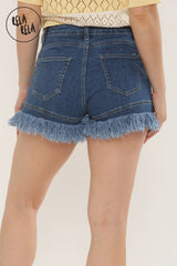 Stretchy Push Up Mid Waisted Frayed Hem Denim Shorts in Denim Blue