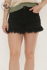 Stretchy Push Up Mid Waisted Frayed Hem Denim Shorts in Black