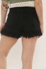 Stretchy Push Up Mid Waisted Frayed Hem Denim Shorts in Black