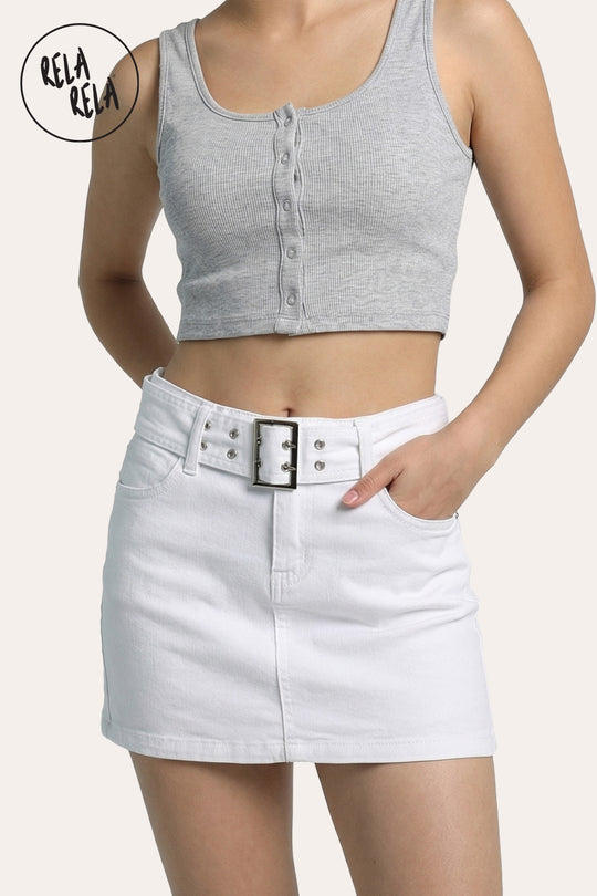 Belted Stretchy Denim Micro Mini Skirt in White