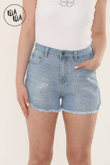 Sparkle Rhinestone Stud High Waist Stretch Denim Shorts