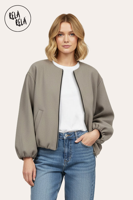 Oversized Zip-Up Casual Bomber Jacket in Bleach Grey