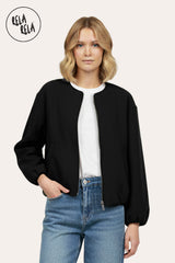 Front view of oversized black zip-up bomber jacket for women