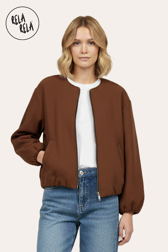 Oversized Zip-Up Casual Bomber Jacket in Chocolate