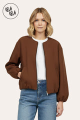 Front view of oversized chocolate zip-up bomber jacket for women
