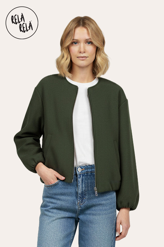 Oversized Zip-Up Casual Bomber Jacket in Khaki