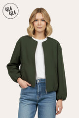Front view of oversized khaki zip-up bomber jacket for women