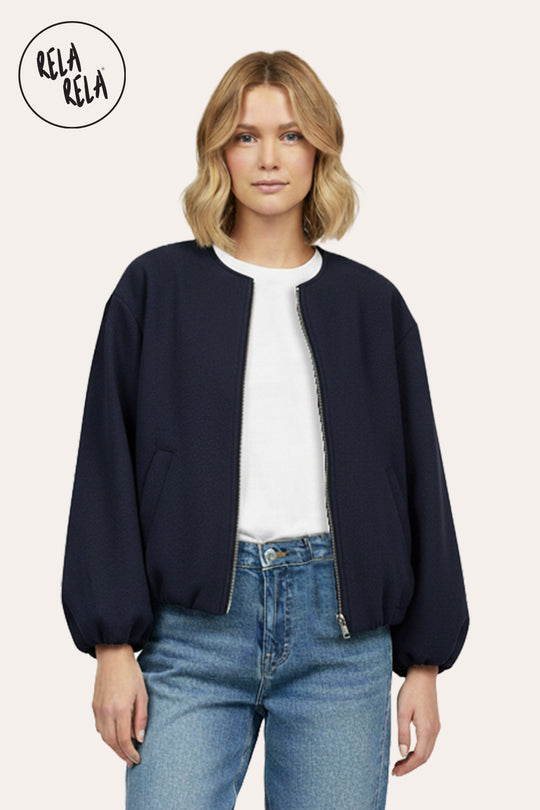 Oversized Zip-Up Casual Bomber Jacket in Navy