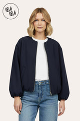 Front view of oversized navy zip-up bomber jacket for women