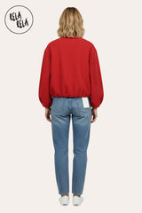 Back view of red oversized casual bomber jacket with zipper