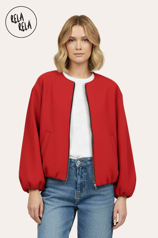 Oversized Zip-Up Casual Bomber Jacket in Red