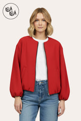 Front view of oversized red zip-up bomber jacket for women