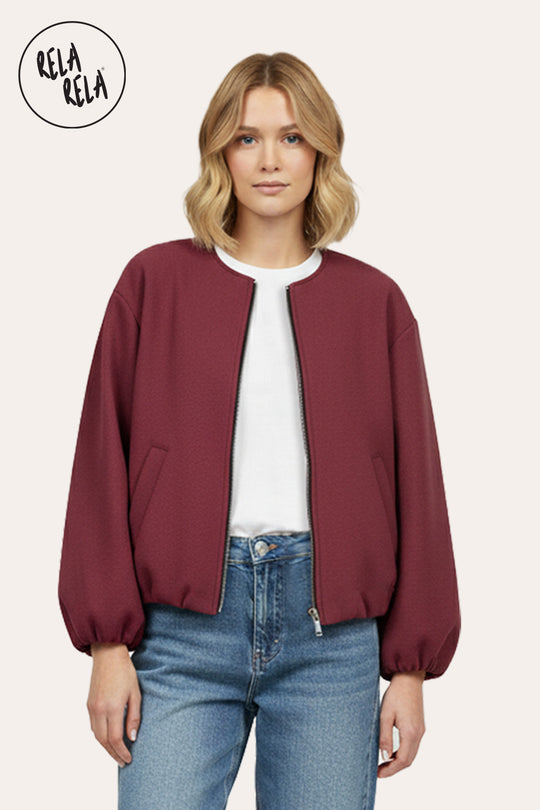 Oversized Zip-Up Casual Bomber Jacket in Burgundy