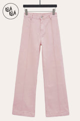 RELA RELA Blush Pink Seamed Wide Leg Denim Jeans, High-Rise Pintuck Flare with motion stretch.