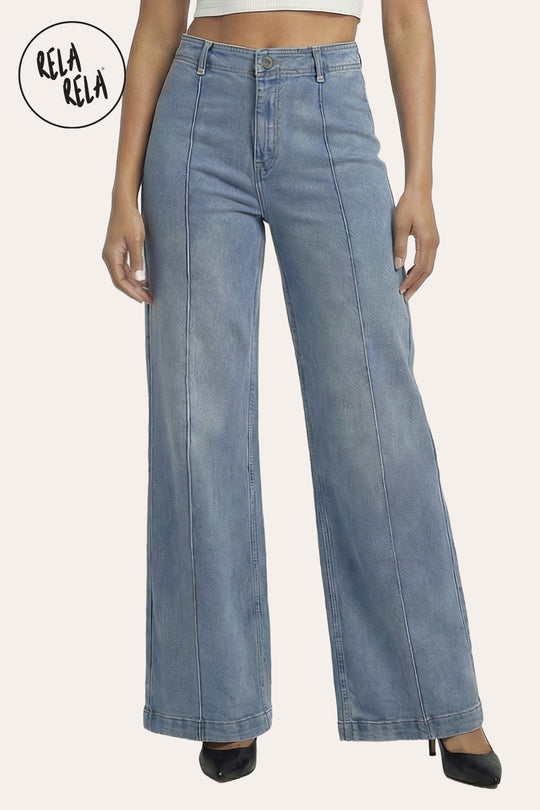 Pintuck Flare Jeans with Front Seam in Vintage Blue