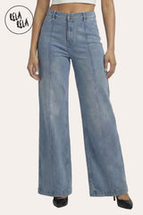 Model wearing in Vintage Blue Pintuck Flare Jeans with Front Seam 