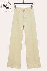 RELA RELA Lemon Yellow Seamed Wide Leg Denim Jeans, High-Rise Pintuck Flare with high-response stretch.