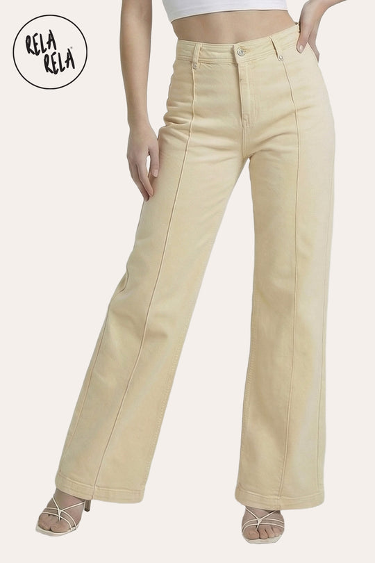 Pintuck Flare Jeans with Front Seam in Lemon