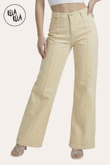 Model wearing RELA RELA Stretchy Lemon Yellow Pintuck Flare Jeans with permanent front seam, vibrant high-waisted wide-leg fit.
